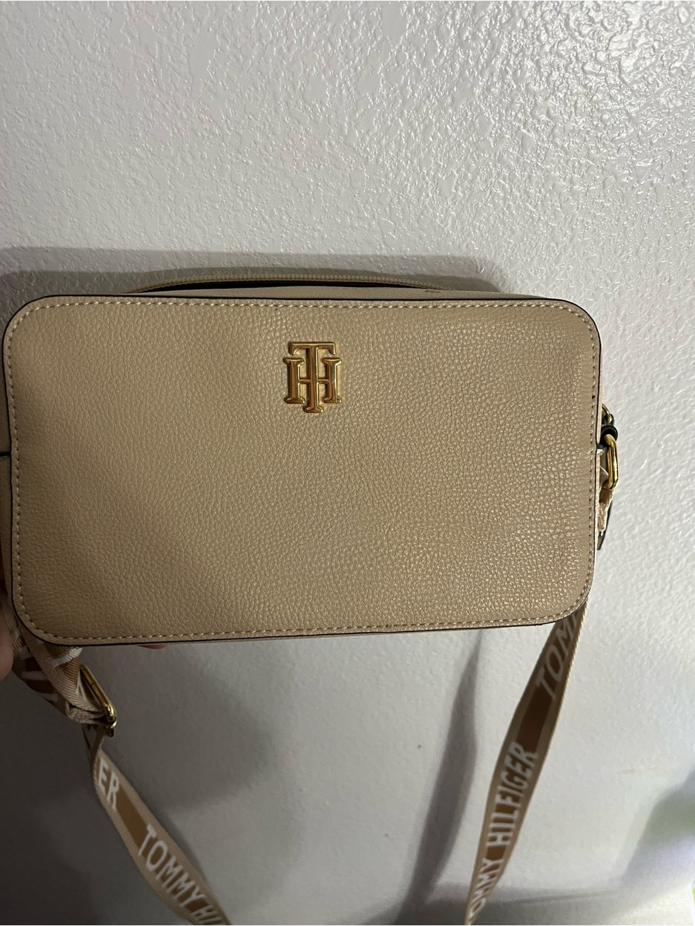 Tommy Hilfiger Taupe Pebbled Leather Crossbody with Gold Logo